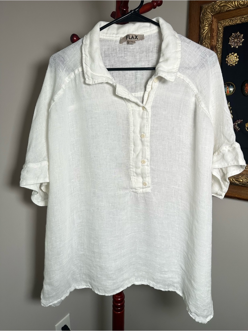 FLAX White 100% Linen  Popover Blouse Top Shirt Lagenlook Women's Sz S